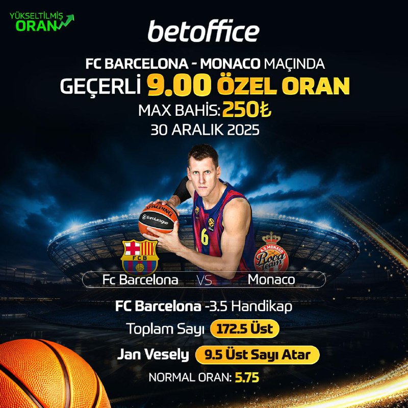 BetOffice'te Özel Oran!    Fc Barcelona   Monaco    Özel Oran: 9.00 (Max Bahi...